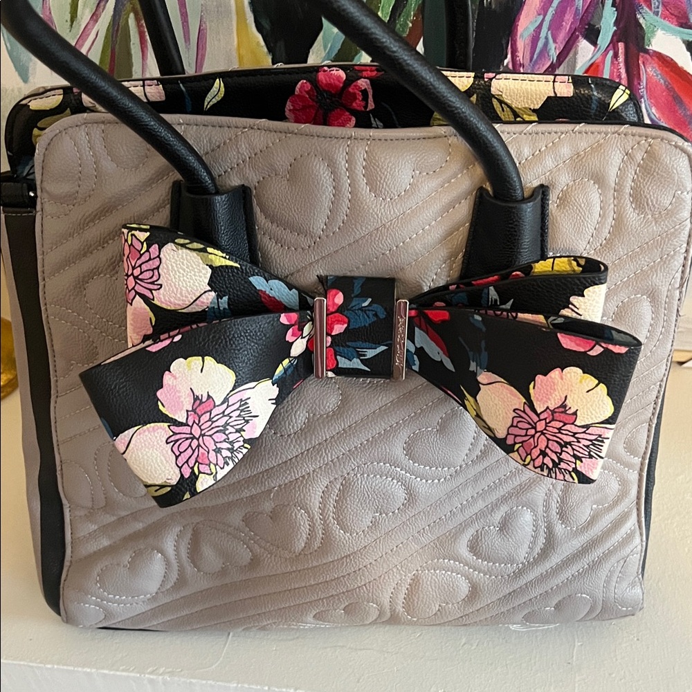 Betsey Johnson Beige Quilted Satchel with Black Floral Bow